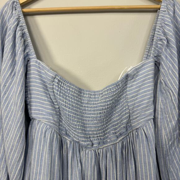 Abercrombie & Fitch Emerson Mini Dress Size Medium Tall Blue Striped Linen Short - Picture 9 of 11